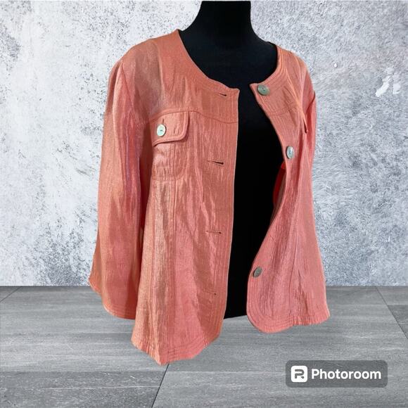 Ruby Rd. CORAL PINK shimmer women’s size 16 jacket. 3/4 sleeves, button down - Picture 1 of 12
